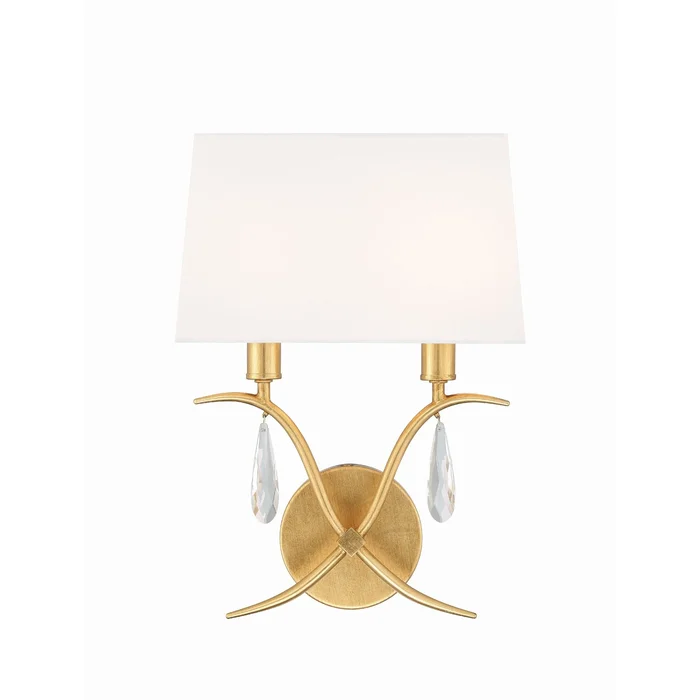 Rollins 2 Light Antique Gold Sconce Hand Cut Crystal Silk Shade 10″W x 14″H x 4.5″D