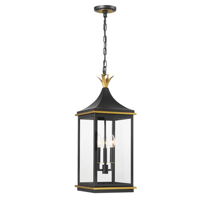 simpson 3 light matte black + textured gold outdoor pendant