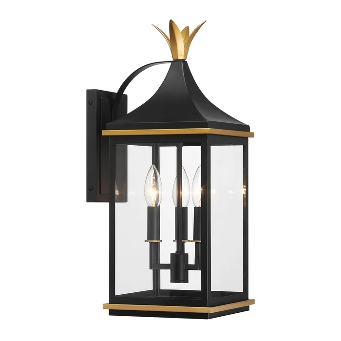 simpson 3 light matte black + textured gold outdoor sconce