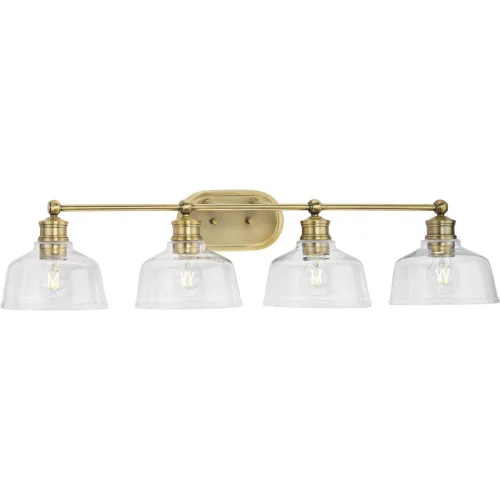 Singleton Collection Four-Light 36” Vintage Brass Farmhouse Vanity Light with Clear Glass Shades (149|P300398-163)