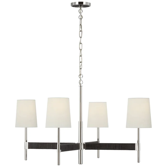 Suzanne Kasler Elle Large Chandelier in Polished Nickel and Black Rattan with Linen Shades Ceiling Light W36″ x H20.75″