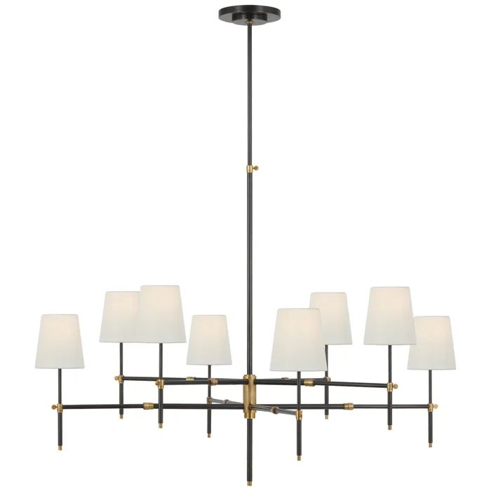 Thomas O’Brien Bryant Extra Large Two Tier Chandelier in Bronze and Hand-Rubbed Antique Brass with Linen Shades Ceiling Light W48″