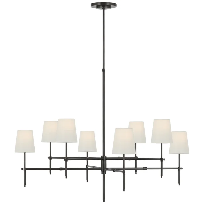 Thomas O’Brien Bryant Extra Large Two Tier Chandelier in Bronze with Linen Shades Ceiling Light W48″