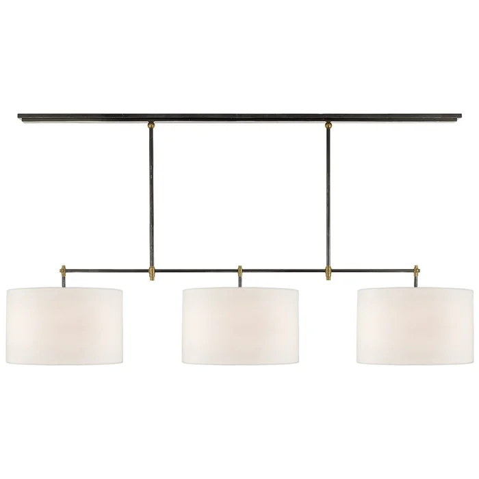 Thomas O’Brien Bryant Large Billiard in Bronze and Hand-Rubbed Antique Brass with Linen Shades Ceiling Light W64.5″