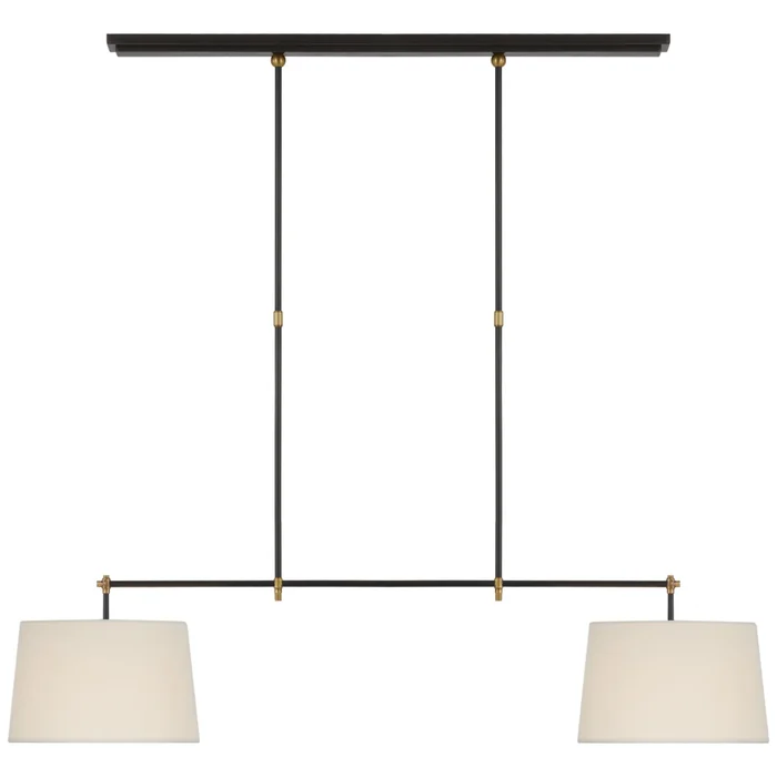 Thomas O’Brien Bryant Medium Billiard in Bronze and Hand-Rubbed Antique Brass with Linen Shades Ceiling Light W12″ x 48″