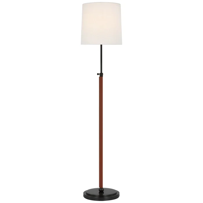 Thomas O’Brien Bryant Wrapped Floor Lamp in Bronze and Saddle Leather with Linen Shade W12″ x H45.25″ – 62″