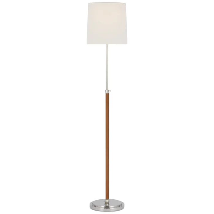 Thomas O’Brien Bryant Wrapped Floor Lamp in Polished Nickel and Natural Leather with Linen Shade W12″ x H45.25″ – 62″