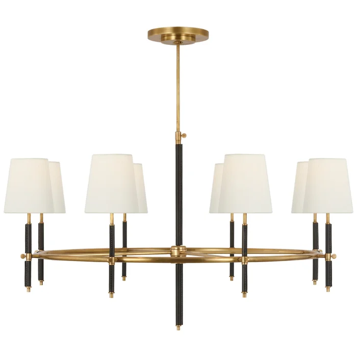 Thomas O’Brien Bryant Wrapped Ring Chandelier in Hand-Rubbed Antique Brass and Chocolate Leather with Linen Shades Ceiling Light W41″