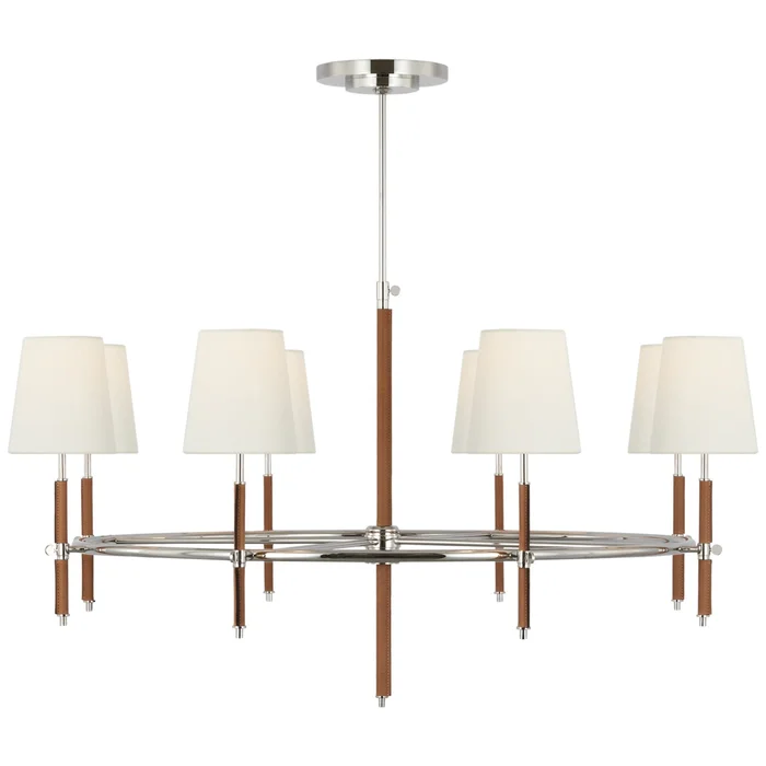 Thomas O’Brien Bryant Wrapped Ring Chandelier in Polished Nickel and Natural Leather with Linen Shades Ceiling Light W41″