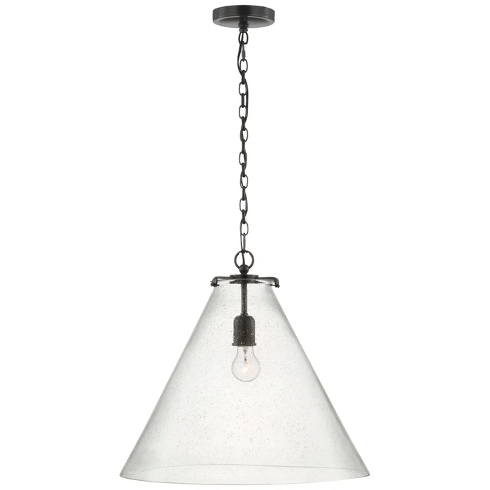 Thomas O’Brien Katie Large Conical Pendant in Bronze with Seeded Glass Ceiling Light W20″ x H18.25″