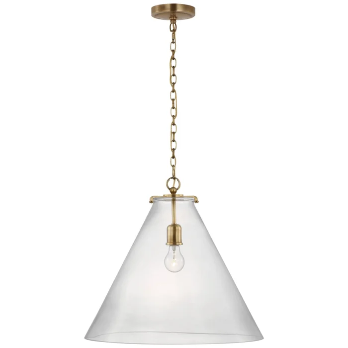 Thomas O’Brien Katie Large Conical Pendant in Hand-Rubbed Antique Brass with Clear Glass Ceiling Light W20″ x H18.25″