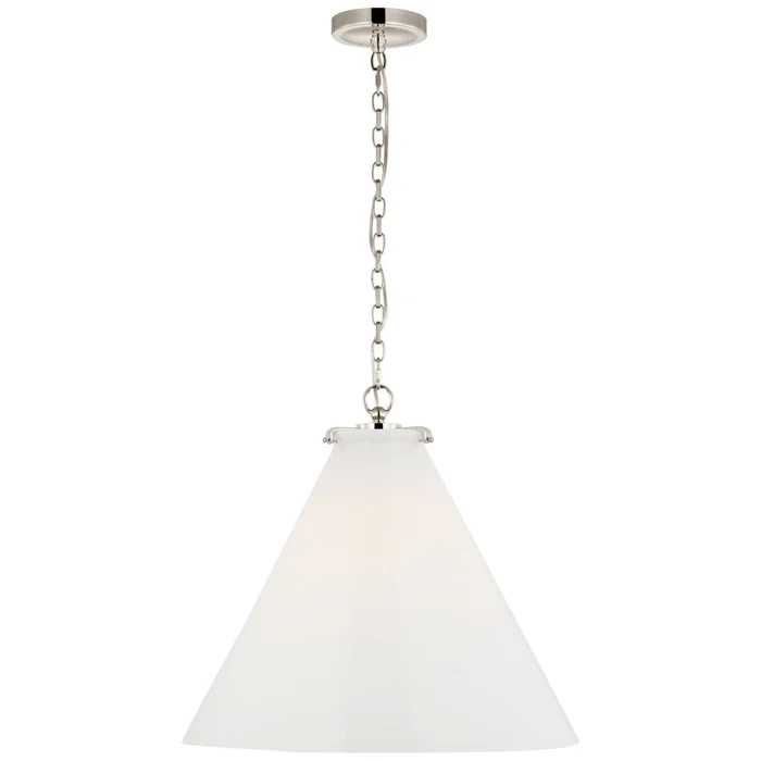 Thomas O’Brien Katie Large Conical Pendant in Polished Nickel with White Glass Ceiling Light W20″ x H18.25″
