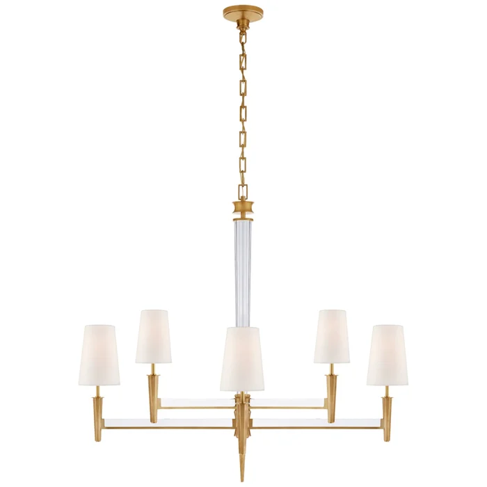 Thomas O’Brien Lyra Two Tier Chandelier in Hand-Rubbed Antique Brass and Crystal with Linen Shades Ceiling Light W42.5″ x H39″