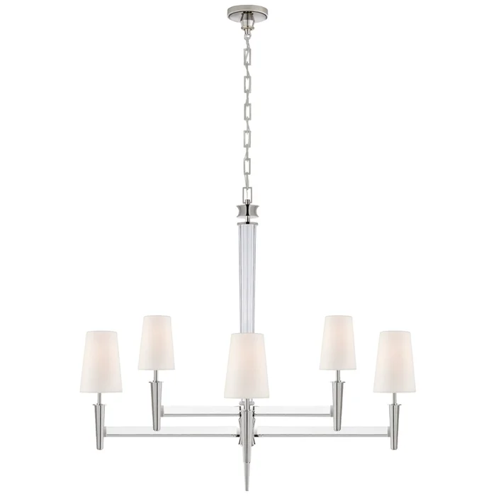 Thomas O’Brien Lyra Two Tier Chandelier in Polished Nickel and Crystal with Linen Shades Ceiling Light W42.5″ x H39″
