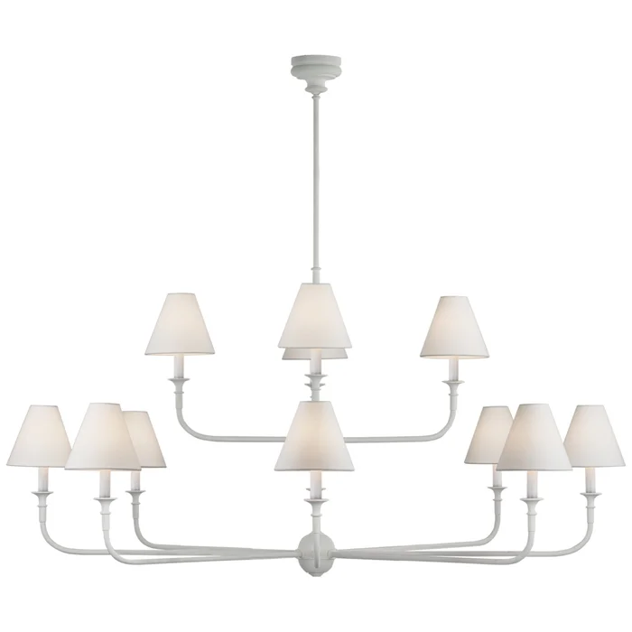 Thomas O’Brien Piaf Grande Two-Tier Chandelier in Plaster White with Linen Shades Ceiling Light W58″