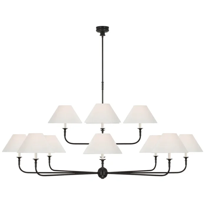 Thomas O’Brien Piaf Oversized Two Tier Chandelier in Aged Iron and Ebonized Oak with Linen Shades Ceiling Light W72″