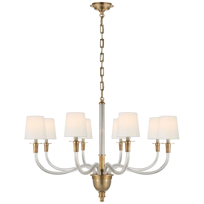 Thomas O’Brien Vivian Large One-Tier Chandelier in Hand-Rubbed Antique Brass with Linen Shades Ceiling Light W36″ x H25″