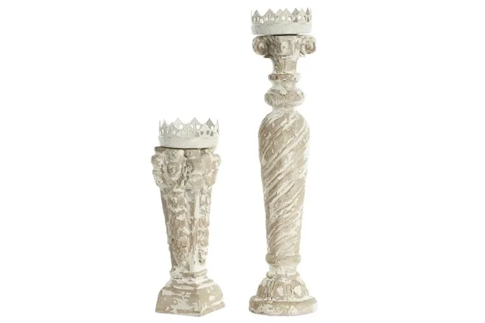 UMA Beige Glass Scroll Decorative Candle Holder with White Crown, Set of 2 25″, 16″H | 91168