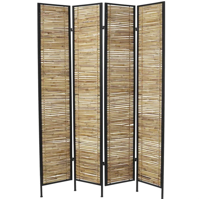 UMA Light Brown Bamboo Wood Handmade Hinged Foldable Partition 4 Panel Partition Room Divider Screen with Horizontal Bamboo Stick Design, 63″ x 1″ x 71″ | 32587 CLOSEOUT