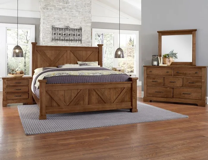 Vaughan-Bassett Cool Rustic 2pc Barndoor X Headboard and Footboard Bedroom Set in Amber