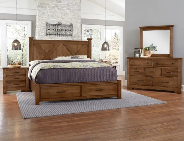 Vaughan-Bassett Cool Rustic 2pc Barndoor X Headboard with Storage Bedroom Set in Amber