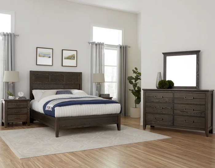 Vaughan-Bassett Passageways Charleston Brown 4-Piece Louvered with Low Profile Footboard Bedroom Set in Dark Brown