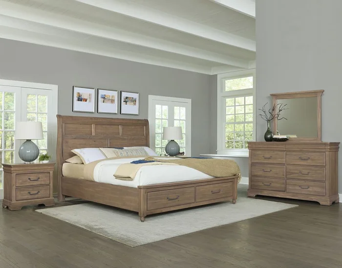 Vaughan Bassett Vista 2pc Sleigh Storage Bedroom Set in Natural Oak