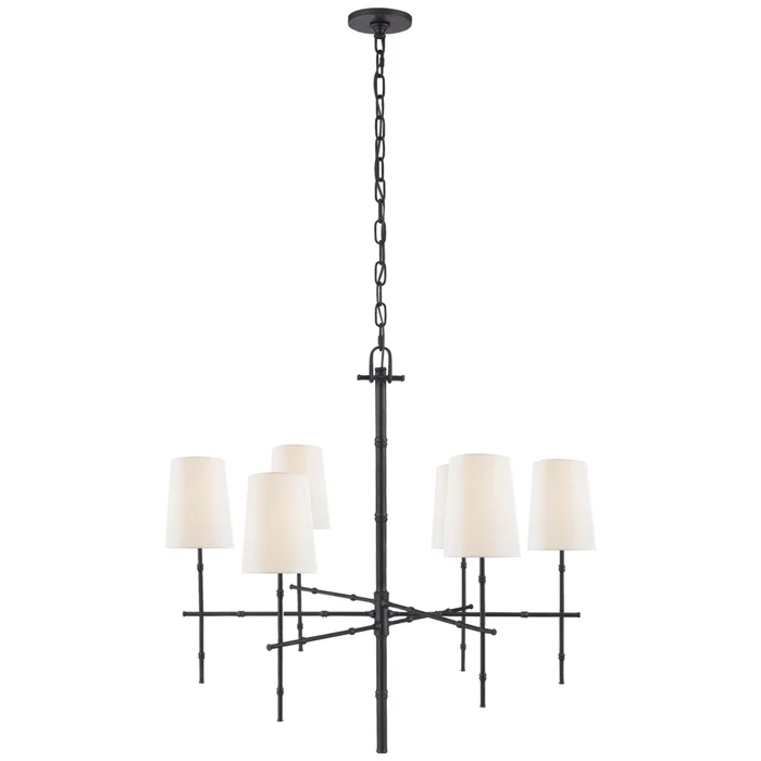 Visual Comfort Grenol Medium Modern Bamboo Chandelier in Bronze with Linen Shades Ceiling Light W33.25″ x H31.75″