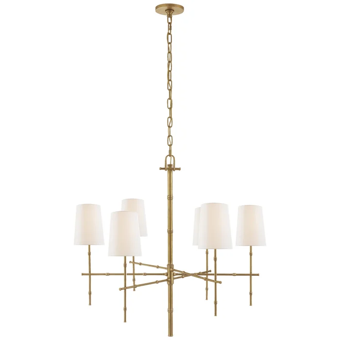 Visual Comfort Grenol Medium Modern Bamboo Chandelier in Hand-Rubbed Antique Brass with Linen Shades Ceiling Light W33.25″ x H31.75″