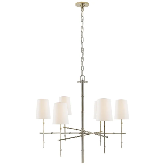 Visual Comfort Grenol Medium Modern Bamboo Chandelier in Polished Nickel with Linen Shades Ceiling Light W33.25″ x H31.75″