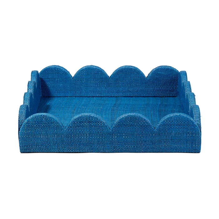 wonderland scalloped small decorative raffia tray, indigo