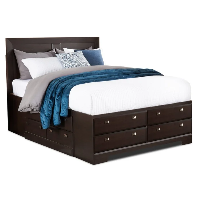 Yorkdale 12-Drawer Platform Bed with Headboard & Storage Frame, Made in Canada, Brown – Full Size | Lit plateforme Yorkdale fabriqu au Canada avec tte de lit et cadre de rangement 12tiroirs, brun